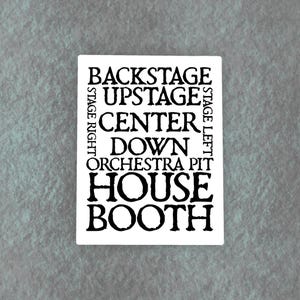 May include: A white rectangular sign with black text indicating theater stage directions. The words include "Backstage," "Upstage," "Center," "Down," "Orchestra Pit," "House," and "Booth." The words "Stage Right" and "Stage Left" are also present.