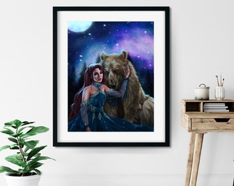 Galaxy Night Bear and Woman in the Woods - Art Print - 8x10 Print - Forest, Fantasy Art, Camping, Stargazing, Ursa Major, Stars