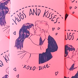 Art Zine Hugs and Kisses xoxo 12 page, large zine, celebrating love blue ink on pink cardstock image 1