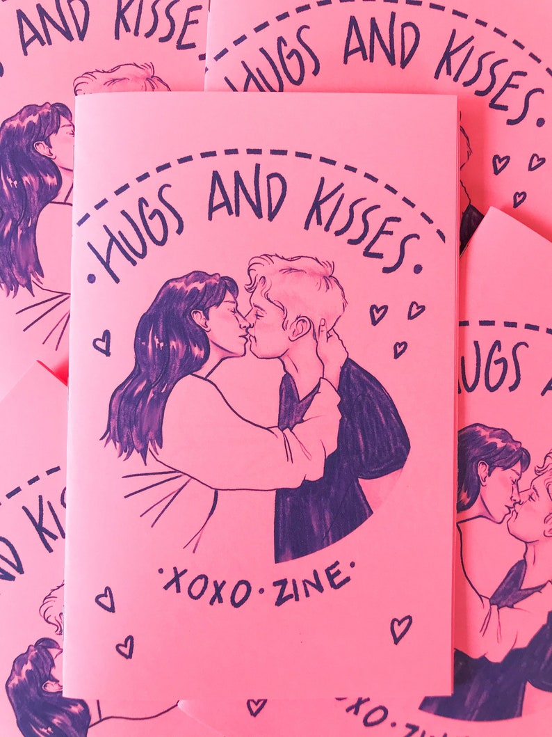 Art Zine Hugs and Kisses xoxo 12 page, large zine, celebrating love blue ink on pink cardstock image 1