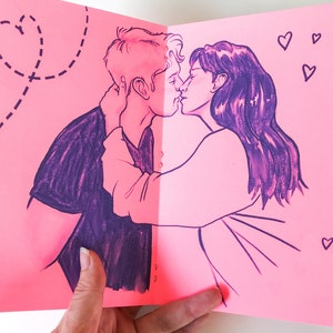 Art Zine Hugs and Kisses xoxo 12 page, large zine, celebrating love blue ink on pink cardstock image 4