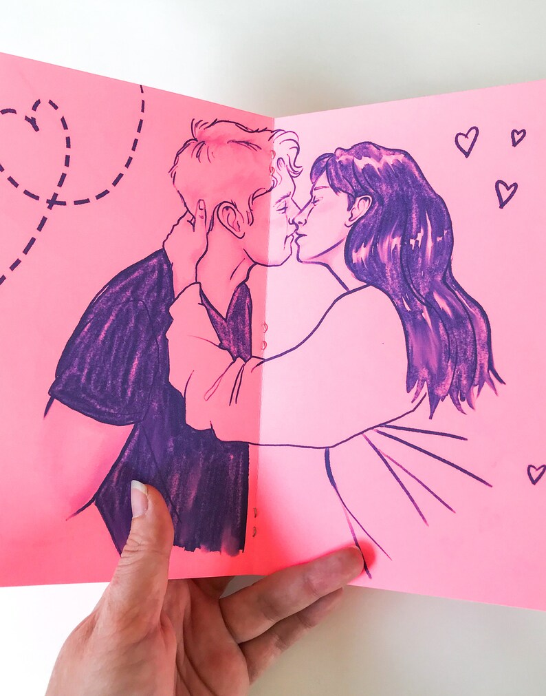 Art Zine Hugs and Kisses xoxo 12 page, large zine, celebrating love blue ink on pink cardstock image 4