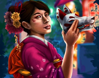 Japanese Kitsune Fox at the Night Festival - Art Print - 8x10 Print - zenko, yako, yokai, legendary fox