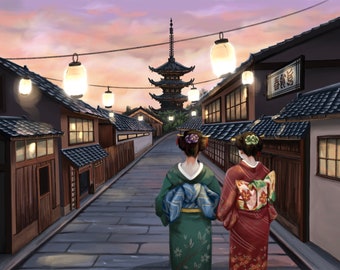 Historic Kyoto Japan art print 8x10 wooden buildings downtown kimono Japanese lanterns night sunset pagoda