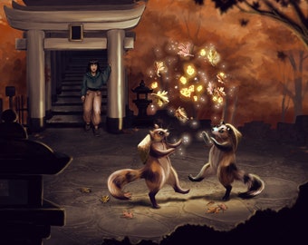 Magic Tanuki Yokai- Art Print - 8x10 Print - Japanese raccoon dog, monster, spirit, mythic creature, fall autumn, gold, orange, leaves