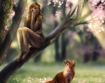 Dryad and Fox Sakura Art Print 8x10 cherry blossom red fox meadow forest woodland tree spirit driad mythology