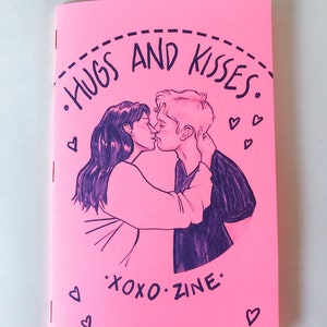 Art Zine Hugs and Kisses xoxo 12 page, large zine, celebrating love blue ink on pink cardstock image 2
