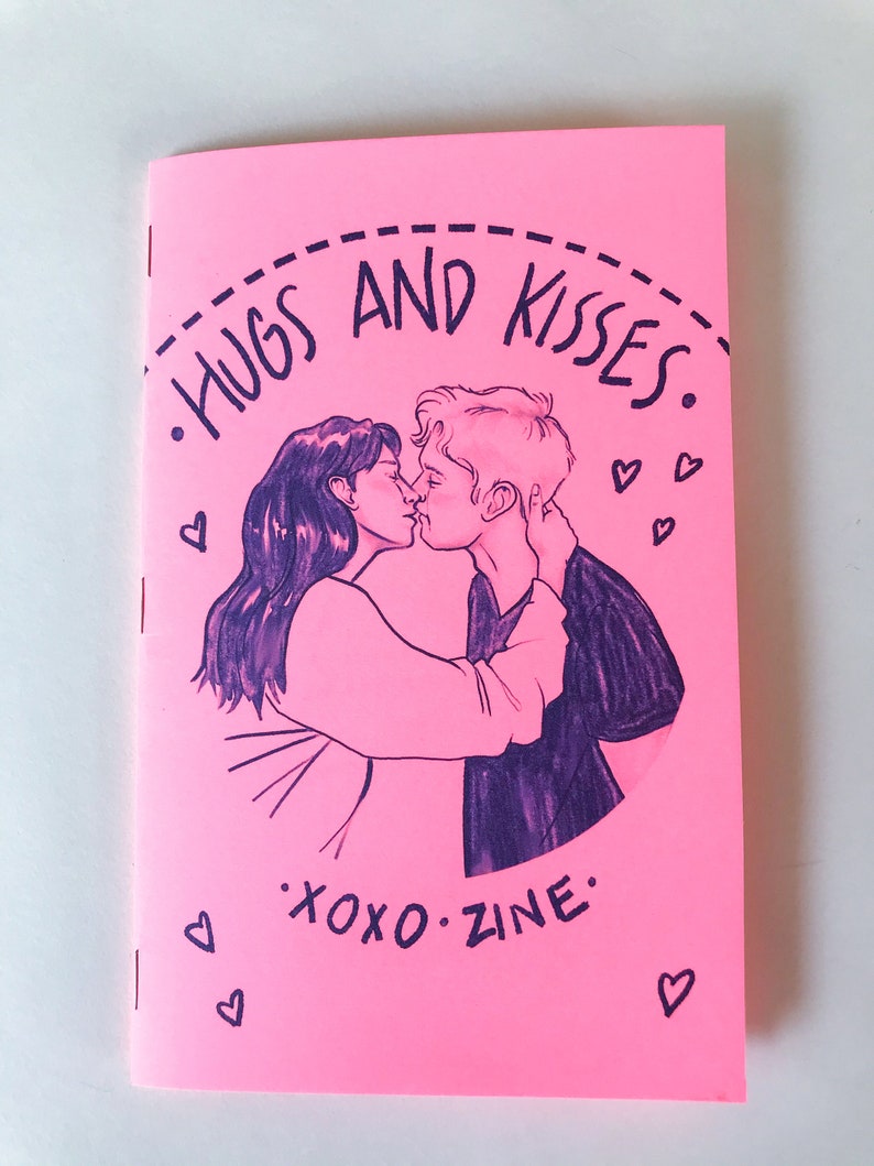 Art Zine Hugs and Kisses xoxo 12 page, large zine, celebrating love blue ink on pink cardstock image 2