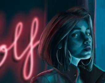 Wolf Woman Dark Urban Fantasy Art - Art Print - 8x10 Print - neon, shadow, leather jacket