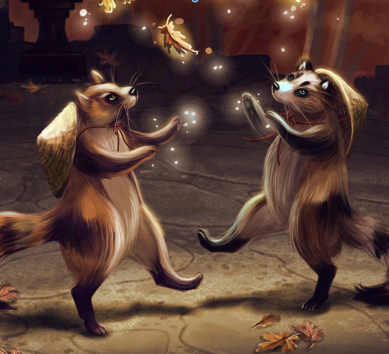 Magic Tanuki Yokai Art Print 8x10 Print Japanese raccoon dog, monster, spirit, mythic creature, fall autumn, gold, orange, leaves image 2