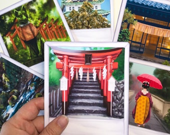 Japan Mini Polaroid prints - set of six different faux polaroid photo paintings