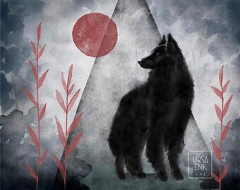 Black Dog in the Woods Red Moon Belgian Shepherd - Art Print - 8x10 Print