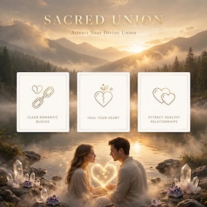Puede incluir: Un gráfico digital titulado SACRED UNION con el subtítulo Attract Your Divine Union. Tres paneles cuadrados blancos muestran iconos dorados: una cadena rota, un corazón sanando y dos corazones. Una pareja está sentada junto a un lago.