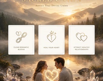 Puede incluir: Un gráfico digital titulado SACRED UNION con el subtítulo Attract Your Divine Union. Tres paneles cuadrados blancos muestran iconos dorados: una cadena rota, un corazón sanando y dos corazones. Una pareja está sentada junto a un lago.