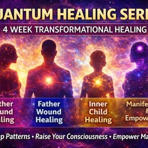 May include: An image promoting the "Quantum Healing Series" with text and silhouettes of people. The text includes "4 Week Transformational Healing" and focuses on healing and empowerment. The background is a colorful nebula.