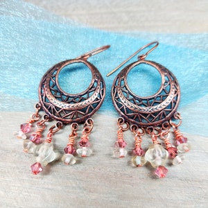 Artisan Copper and Bead Earrings - Dusty Pink