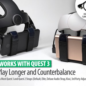 Universal Battery Mount for Meta Quest 3 w/USB Cable (Also Quest 2, Elite Strap, Deluxe Audio Strap, Kiwi, Adjustable, Default)