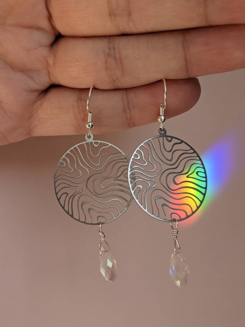 Topographic dangle earrings river earrings iridescent crystal earrings