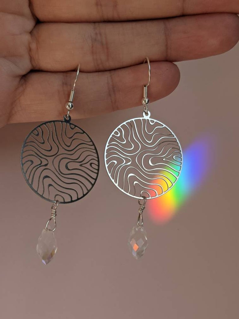 Topographic dangle earrings river earrings iridescent crystal earrings