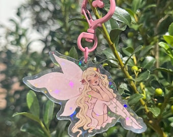 Sparkly Pink Fairy Acrylic Keychain / 2 in Glitter Double Sided Fairy Bag Charm