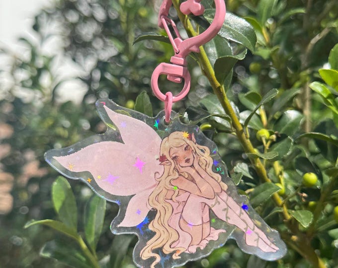 Sparkly Pink Fairy Acrylic Keychain / 2 in Glitter Double Sided Fairy Bag Charm
