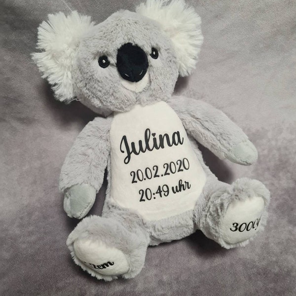 Koala, Teddy, Personalisiertes Kuscheltier mit Name, Schriftzug, personalisiert, Geschenk zur Geburt, Aufkleber, Baby, Kind