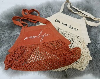 Personalized bag, shopping net, mesh bag, fabric bag, handbag, grandma, lettering, personalised, gift, sticker