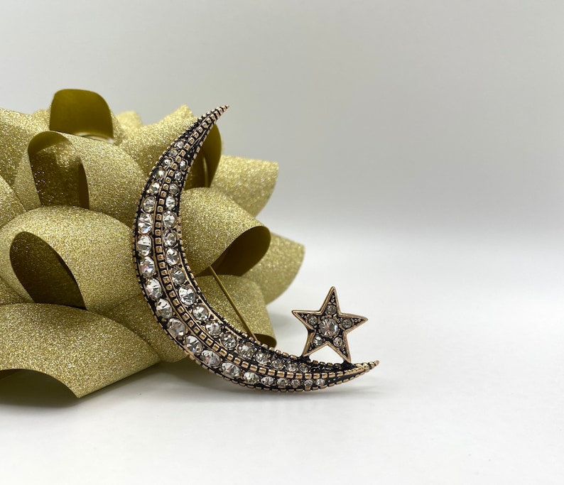 Edwardian Style Moon And Star Bronze Brooch image 1
