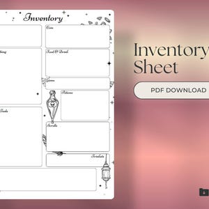 May include: A black and white inventory sheet with sections for weapons, armor, food, gems, potions, scrolls, and trinkets. The sheet includes the text "Inventory Sheet" and a "PDF DOWNLOAD" button.