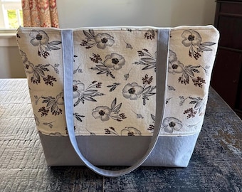 Large Zippered Tote Bag: Handmade Floral Cotton Travel Bag