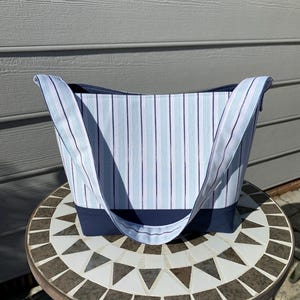 Striped Shoulder Strap Hand Bag, handmade bag, striped purse, striped tote bag, gift under 30, fabric handbag, blue striped bag