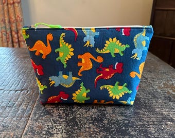 Child’s handmade zippered pouch, Dinosaur cotton pencil case