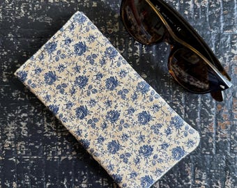 Handmade Navy Floral Sunglass Case: Padded Cotton Eyeglass  and Phone Protector