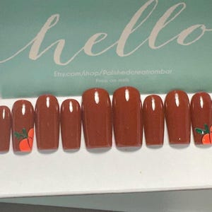 Dark brown,autumn, pumpkin design press on nails,fall press on nails, brown nails, chocolate nails, long nails, short nails
