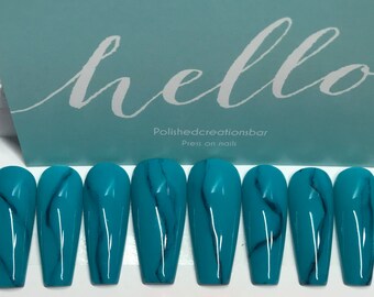 Marble teal coffin press on nails