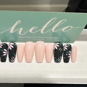 Double floral press on nails. long nails, short nails, press on nails, black nails, flower nails