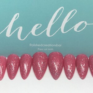 Kool glitter creamy pink press on nails, dark pink nails, short nails, fake nails, long nails, glitter nails. Press on nails