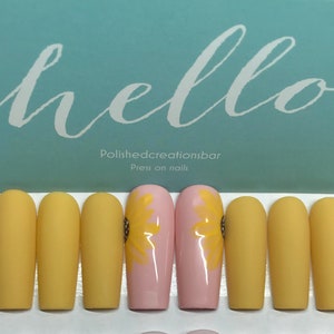 Sunflower yellow press on nails,yellow nails,matte nails, press on nails,fake nails, long nails,short nails,pink nails, square nails,coffin