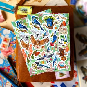 Pegatinas de aves de correo aviar / Juego de 2 hojas de pegatinas / Postcrossing, correo de caracol feliz de vida silvestre, decoración de diario de viaje Bujo, decoración de postales artísticas