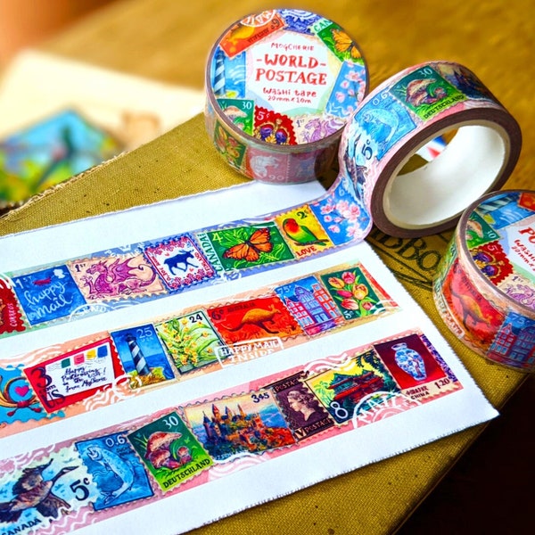 World Postage Washi Tape | 20mm x 10m Paper Tape Roll | Philately Decor, Postcrossing Faux-Stamps, Happy Snail Mail PC, Travel Journal Art