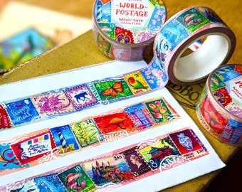 World Postage Washi Tape | 20mm x 10m Paper Tape Roll | Philately Decor, Postcrossing Faux-Stamps, Happy Snail Mail PC, Travel Journal Art
