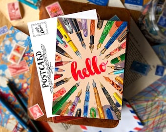 Hello Fountain Pens Postcards | Packs 1 - 5 | A6 Size | Ephemera Vintage Pens, Postcrossing Gifts, Happy Snail Mail, Penpal Letter Art