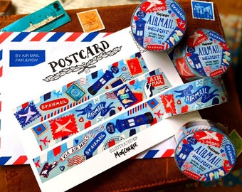 Airmail Delight Washi Tape | 20mm x 10m Paper Tape Roll | Via Par Avion Label, Happy Snail Mail, Postcrossing Penpal Gift, Journal Craft Art