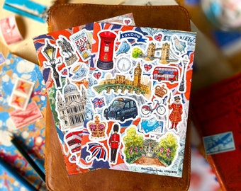 London Reise-Aufkleber | 2 Bogen Sticker Set | DIN A6 | Britisches Journal Dekoration, Bujo, Happy Snail Mail Art, Postcrossing Postkarten Dekor,