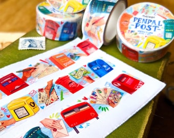 Penpal Post Washi Tape | 20mm x 10m Paper Tape Roll | Postcrossing Postboxes of the World, Happy Snail Mail Postcard Exchange, Travel Art