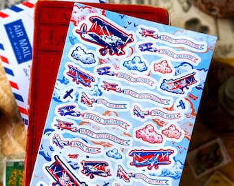 Biplane Banners Stickers | 2 Sheet Sticker Set | A6 | Happy Postcrossing Plane, Snail Mail Greetings, Vintage Airplane Labels, Ephemeral Art