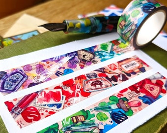 Tinte Journal Washi Tape | 20mm x 10m Papierklebeband Rolle | Füllfederhalter Musterbuch, Vintage Tintenflaschen Kunst, Handgemaltes Regenbogen-Dekor, PC Art