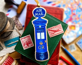 Wooden Blue Airmail Postbox Ornament | Birch Wood | Vintage British Mailbox Decoration, Postcrossing, Happy Snail Mail Tree Decs, Postal Art