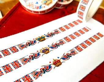 British Bunting Washi Tape | 10mmx10m Roll | Union Jack Flag & Royal Crown Jewels, Happy Snail Mail Picnic Art, Postcrossing Penpal Decor UK