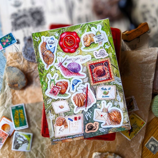 Snail Mail Snails Stickers | 2 Sheet Sticker Set | A6 | Happy Postcrossing Decor, Garden Snails Art, Penpal Post, Postcard Decoration Labels